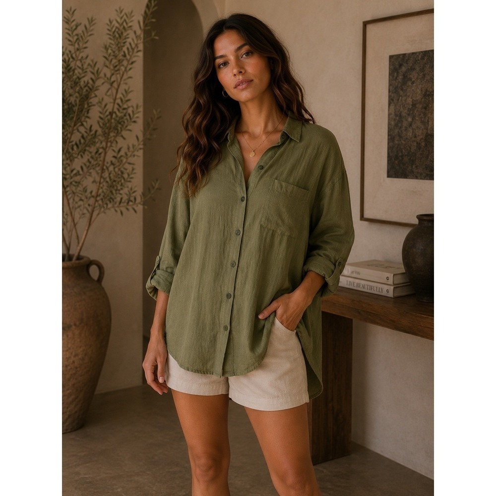 ASOS DESIGN Shirt Womens Size 4 Green Button Down Oversized Boho Coastal
